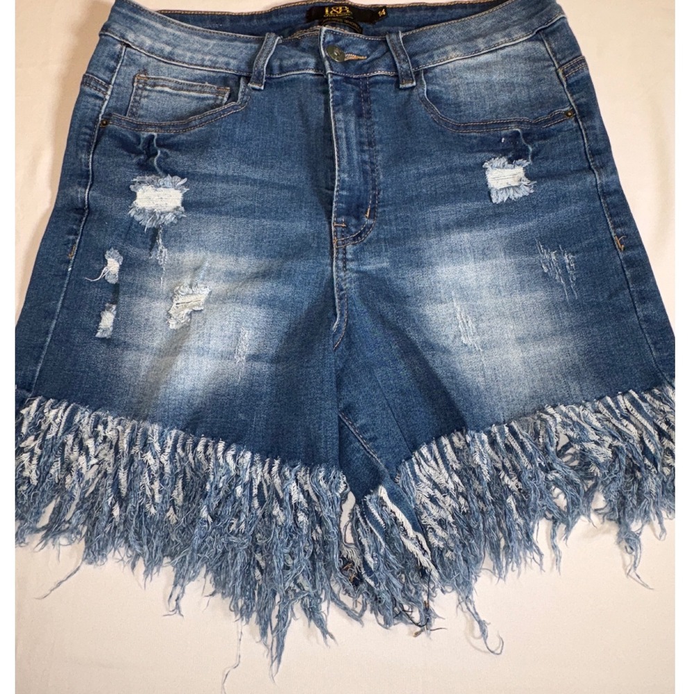 Lucky & Blessed High Rise Distressed Denim Fringe Shorts Blue Size 14 L19001-DS